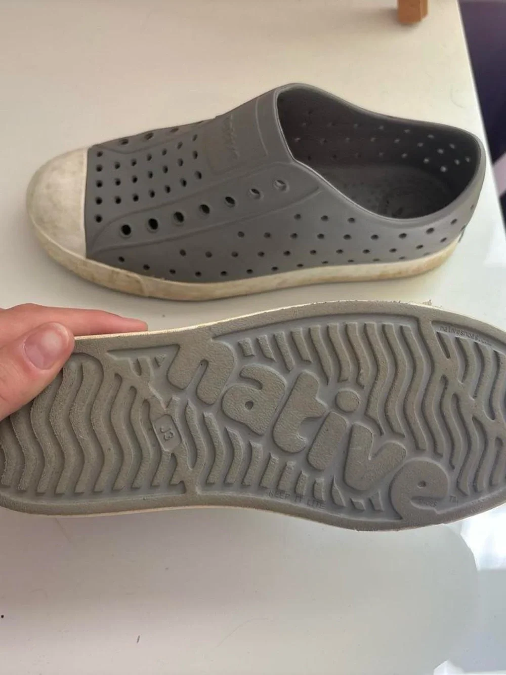Native Shoes Grey Slip-On Loafers with White Toe Cap